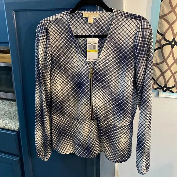 Michael Kors Long Sleeve Zipper Front Peplum Hem Blouse Top Size Medium - Picture 1 of 5
